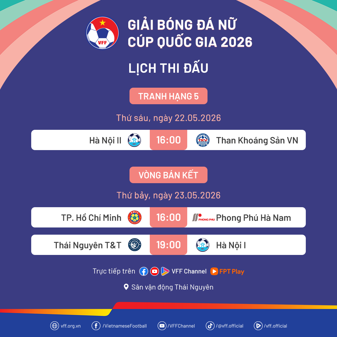 Lịch thi đấu bán kết bóng đá nữ Cúp Quốc gia 2026